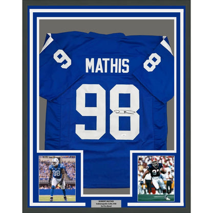 Framed Autographed Robert Mathis 35x39 Indianapolis Blue Football Jersey JSA COA | Hall of Fame Sports Memorabilia | vintageantiquesgifts.com