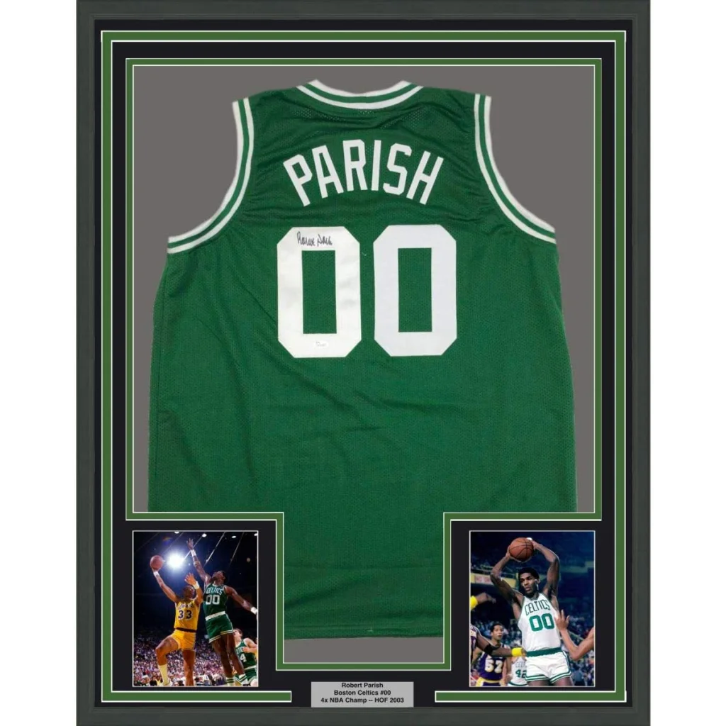 Professionally framed Boston green basketball jersey with Robert Parish autograph and photos