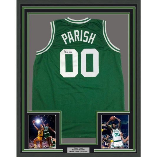 Professionally framed Boston green basketball jersey with Robert Parish autograph and photos