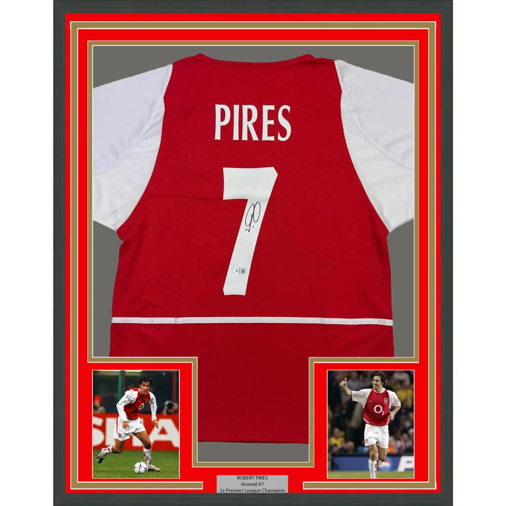 Framed Robert Pires Arsenal jersey with autographs, photos, and plaque ready to hang