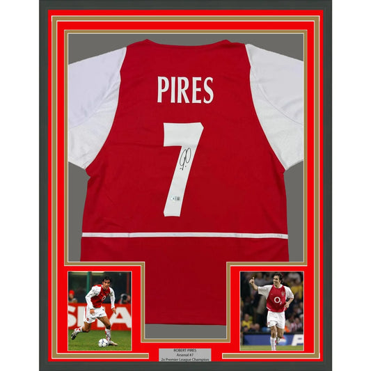 Framed Robert Pires Arsenal jersey with autographs, photos, and plaque ready to hang