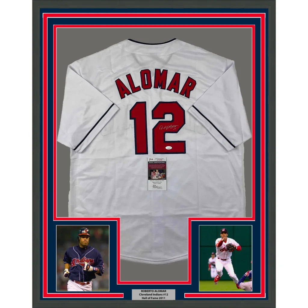 Framed autographed Roberto Alomar Cleveland white baseball jersey with red Alomar 12 and signature JSA COA