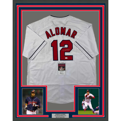 Framed autographed Roberto Alomar Cleveland white baseball jersey with red Alomar 12 and signature JSA COA