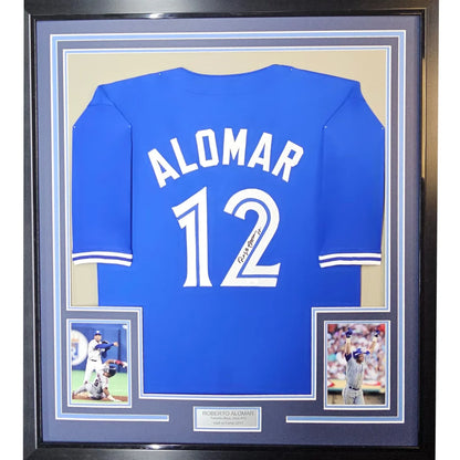 Framed autographed Toronto Blue Jays Roberto Alomar jersey, number 12