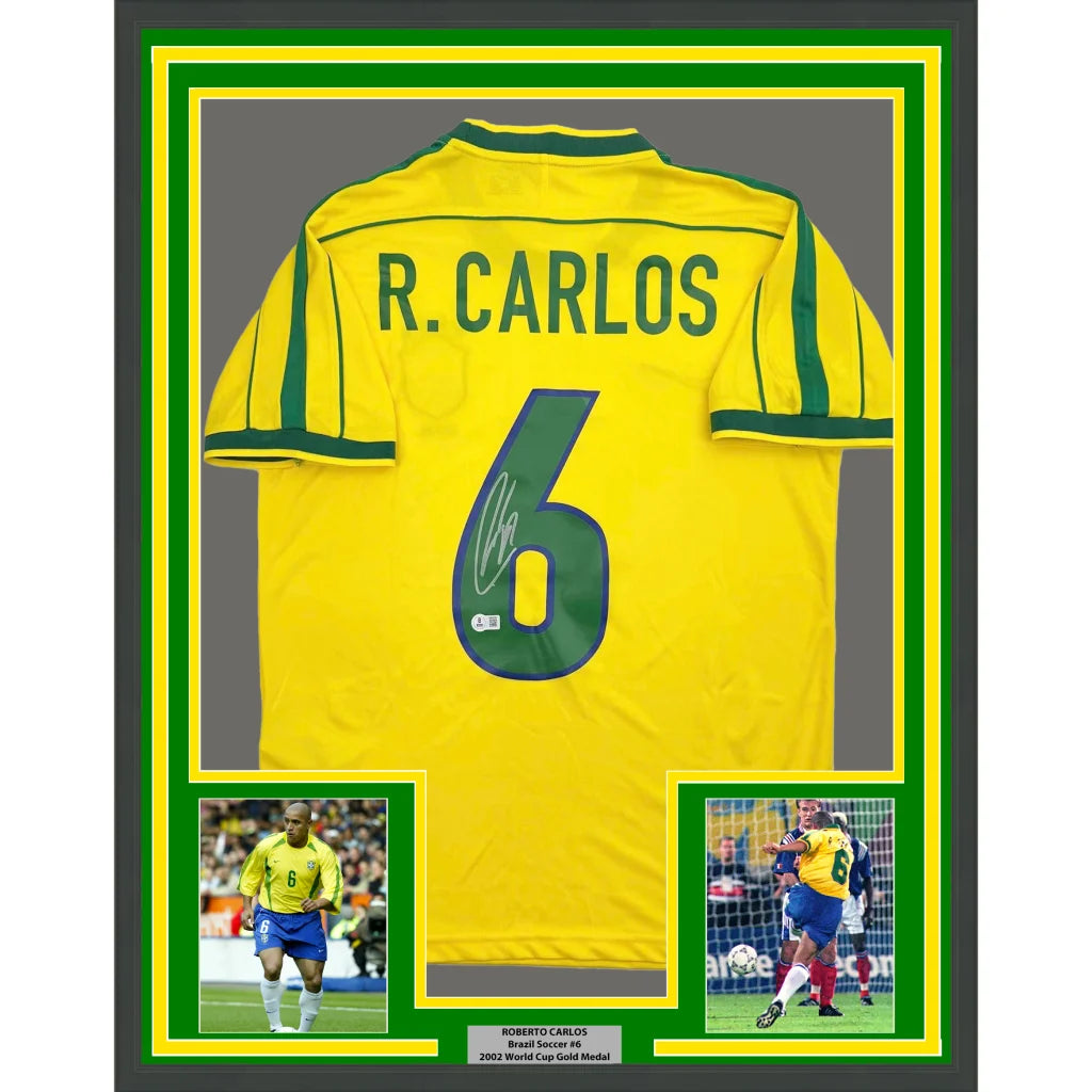 Framed Autographed Roberto Carlos 35x39 Brazil Yellow Soccer Jersey Beckett BAS COA | Hall of Fame Sports Memorabilia | vintageantiquesgifts.com