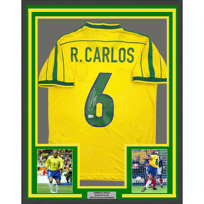 Framed Autographed Roberto Carlos 35x39 Brazil Yellow Soccer Jersey Beckett BAS COA | Hall of Fame Sports Memorabilia | vintageantiquesgifts.com