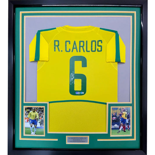 Framed Autographed Roberto Carlos 35x39 Brazil Yellow Soccer Jersey Beckett BAS COA | Hall of Fame Sports Memorabilia | vintageantiquesgifts.com