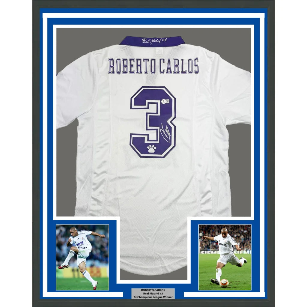 Framed Autographed Roberto Carlos 35x39 Real Madrid White Soccer Jersey Beckett BAS COA #2 | Hall of Fame Sports Memorabilia | vintageantiquesgifts.com