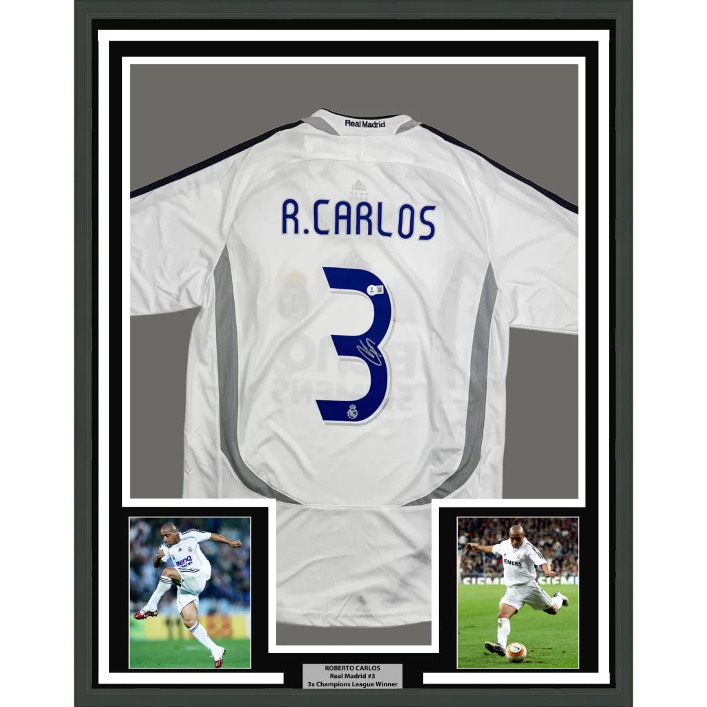 Back of framed autographed Roberto Carlos Real Madrid white jersey with R. Carlos 3 signature Beckett BAS COA