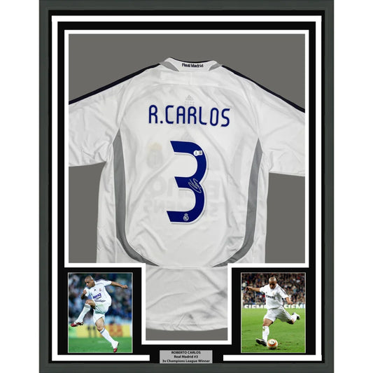 Framed Autographed Roberto Carlos 35x39 Real Madrid White Soccer Jersey Beckett BAS COA | Hall of Fame Sports Memorabilia | vintageantiquesgifts.com