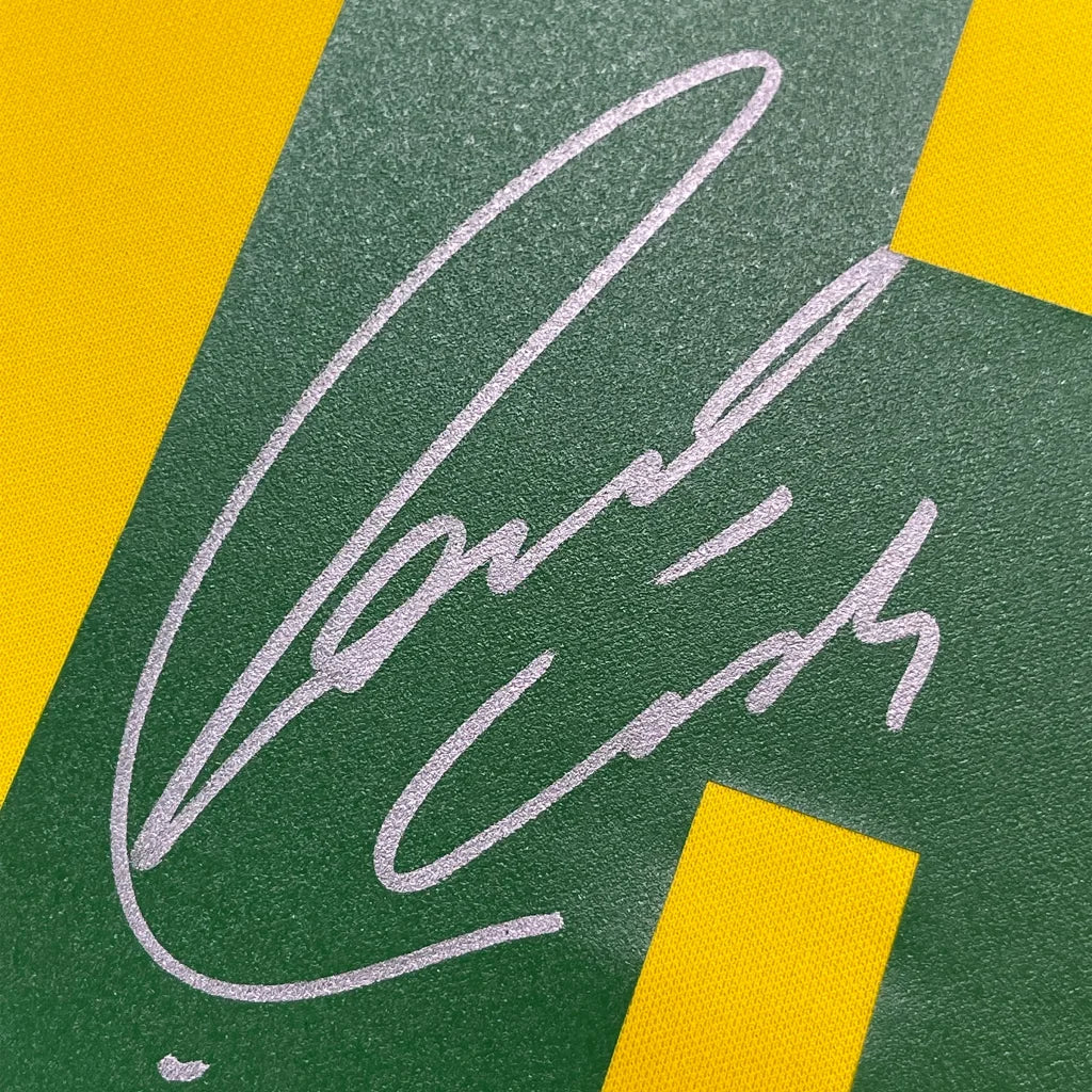 Framed Autographed Roberto Carlos Brazil 35x39 Yellow Retro Soccer Jersey Beckett BAS COA | Certified Authentic Signed Memorabilia | vintageantiquesgifts.com