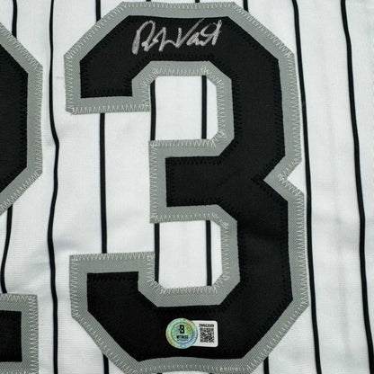White pinstriped Robin Ventura Sox jersey with black gray number 3 and signature