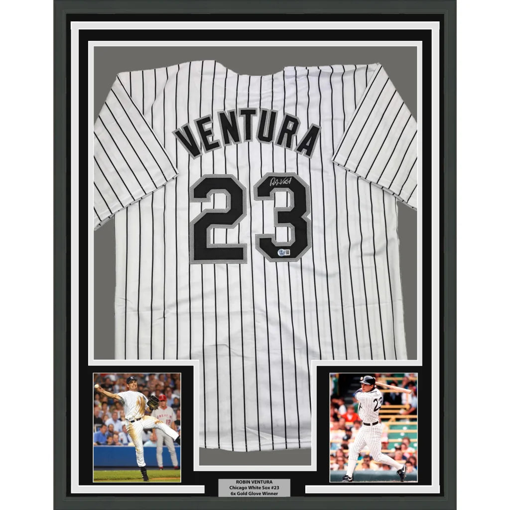 Framed Robin Ventura autographed White Sox jersey with photos, perfect for fans