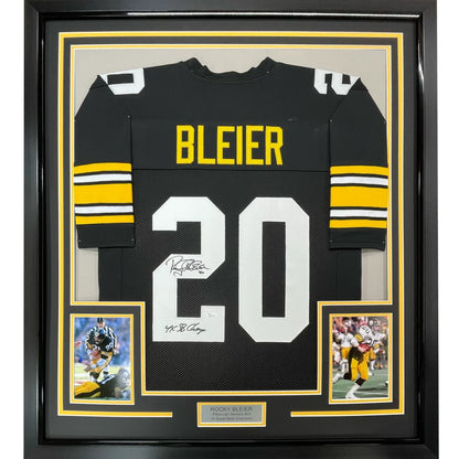 Professionally framed Steelers jersey wall art with 5x7 action photos and autograph display