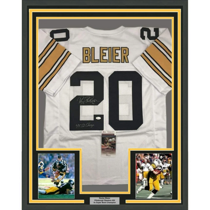 Framed signed Rocky Bleier Steelers #20 jersey with photos and plaque, JSA certified