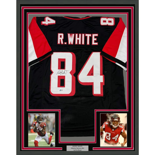 Framed Autographed Roddy White 35x39 Atlanta Black Football Jersey Beckett BAS COA | Hall of Fame Sports Memorabilia | vintageantiquesgifts.com