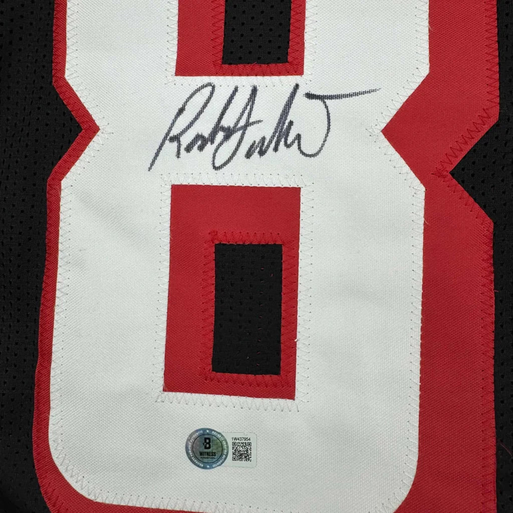 Black red white Roddy White football jersey with signature, professionally framed, Beckett BAS