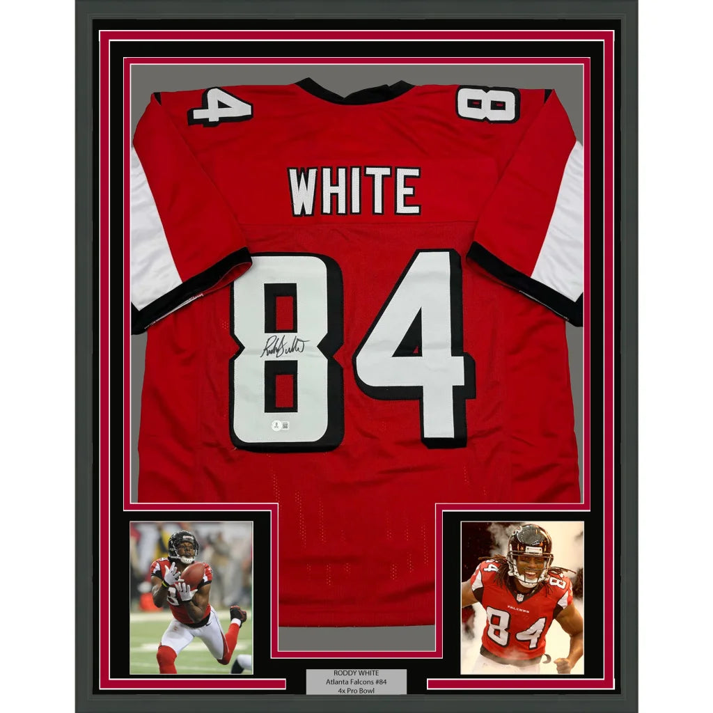 Framed autographed Roddy White Atlanta Falcons red jersey with photos