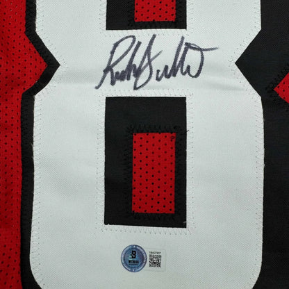Autographed Football Jersey with Authentication Sticker displayed in Massive Framed Jersey product