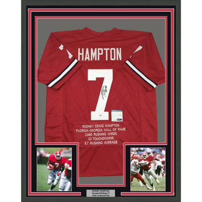 Framed Autographed Rodney Hampton 35x39 Georgia Red Stat College Football Jersey PSA DNA COA | Hall of Fame Sports Memorabilia | vintageantiquesgifts.com