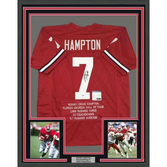 Framed Autographed Rodney Hampton 35x39 Georgia Red Stat College Football Jersey PSA DNA COA | Hall of Fame Sports Memorabilia | vintageantiquesgifts.com