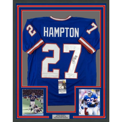 Framed Autographed Rodney Hampton 35x39 New York Blue Football Jersey JSA COA | Hall of Fame Sports Memorabilia | vintageantiquesgifts.com
