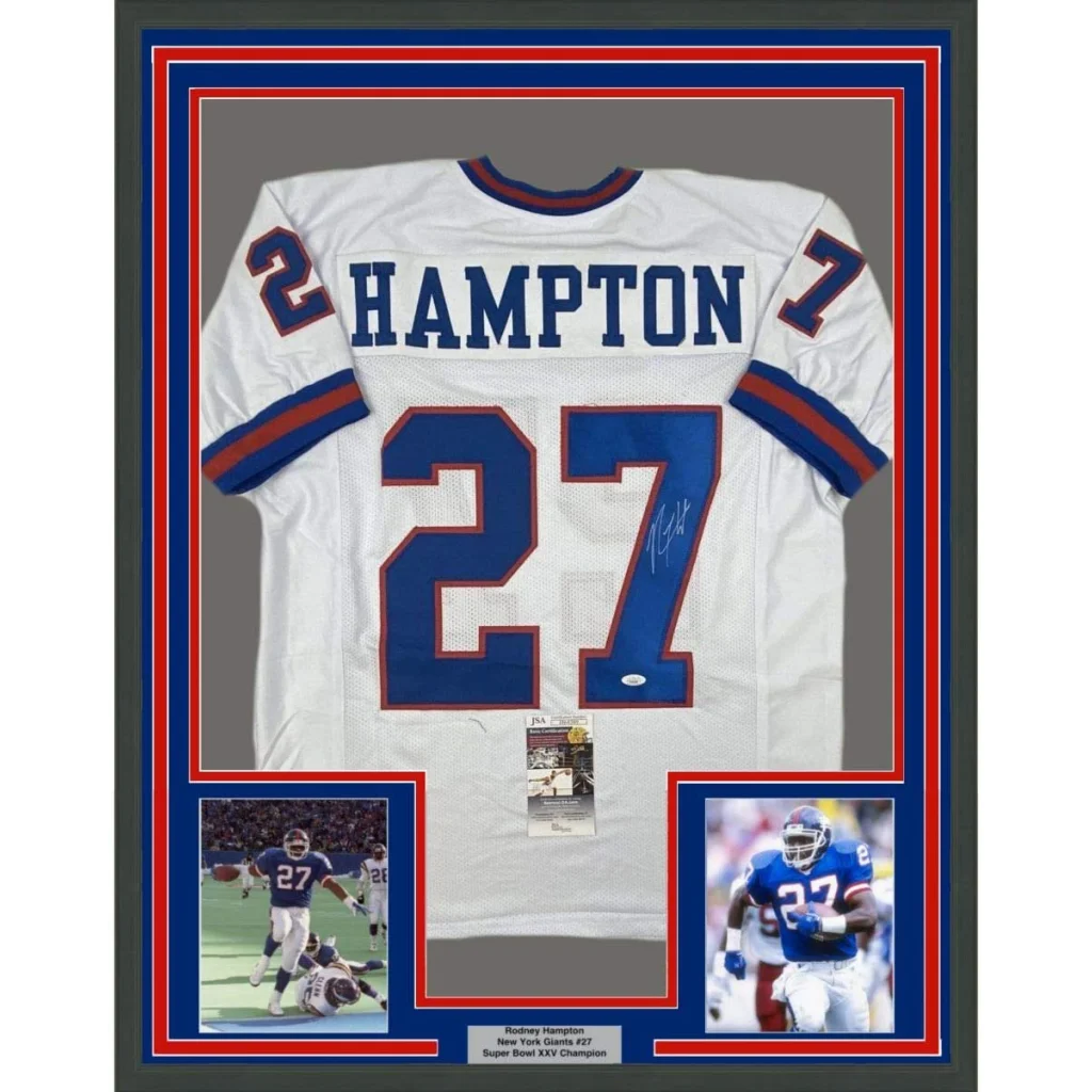Professionally framed Rodney Hampton Giants jersey with autographed and commemorative photos