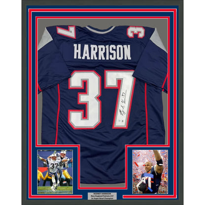 Professionally framed Rodney Harrison Patriots jersey with Beckett BAS and photos