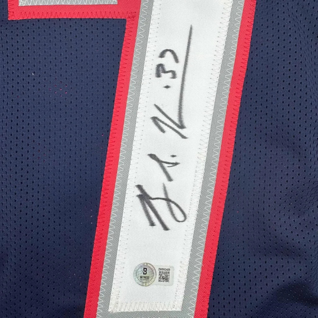Navy blue mesh sports jersey with red and white trim, signed, professionally framed Rodney Harrison Patriots Beckett BAS