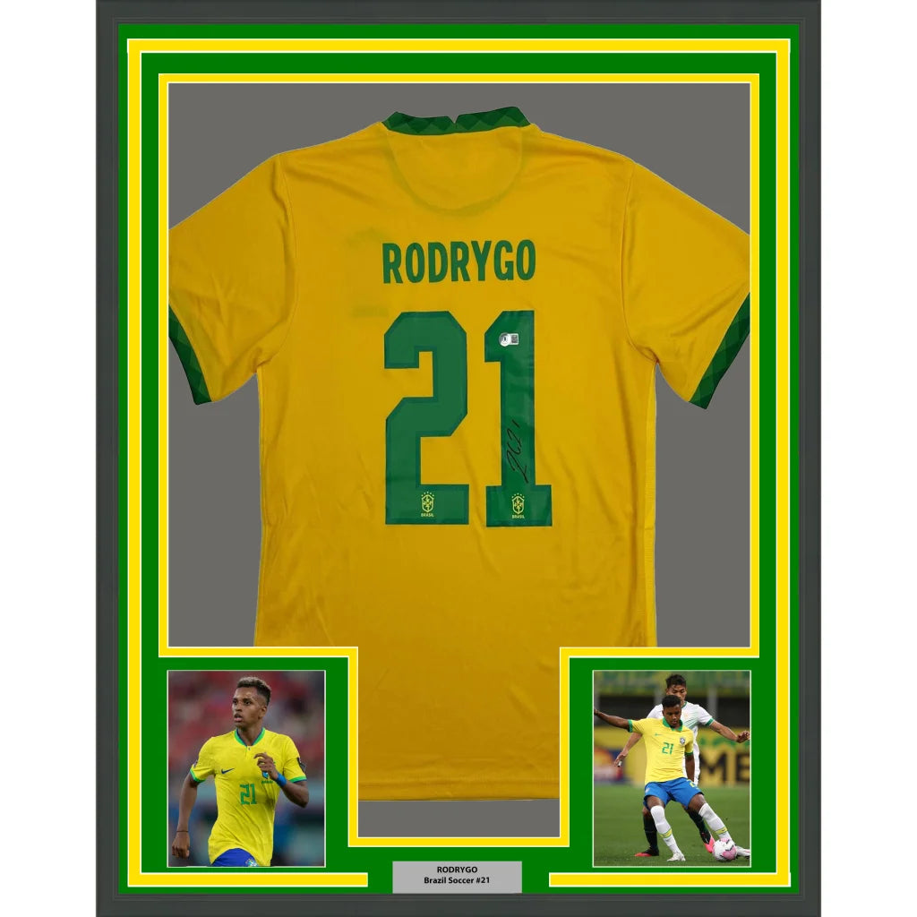Framed Rodrygo Brazil yellow soccer jersey back with Rodrigo 21 Beckett COA