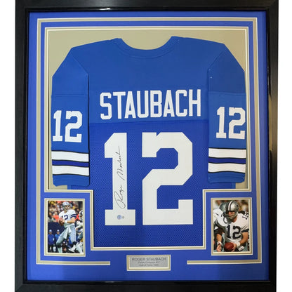 Framed autographed Roger Staubach Dallas Cowboys blue jersey back, #12, Beckett COA