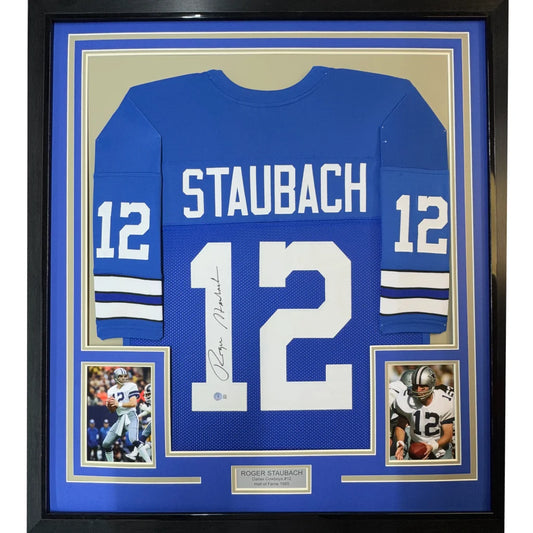 Framed autographed Roger Staubach Dallas Cowboys blue jersey back, #12, Beckett COA