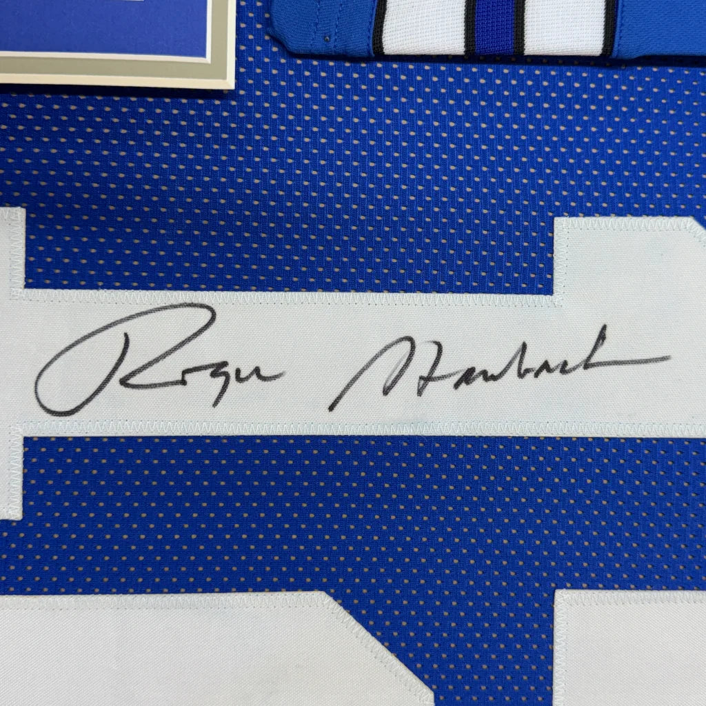 Framed autographed Roger Staubach Dallas blue mesh football jersey Beckett COA