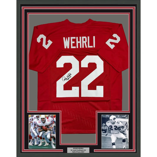 Framed autographed Roger Wehrli HOF 07 red jersey back with number 22, Wehrli, JSA COA