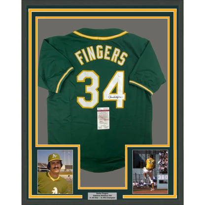 Framed Autographed Rollie Fingers 35x39 Oakland Green Baseball Jersey JSA COA | Hall of Fame Sports Memorabilia | vintageantiquesgifts.com