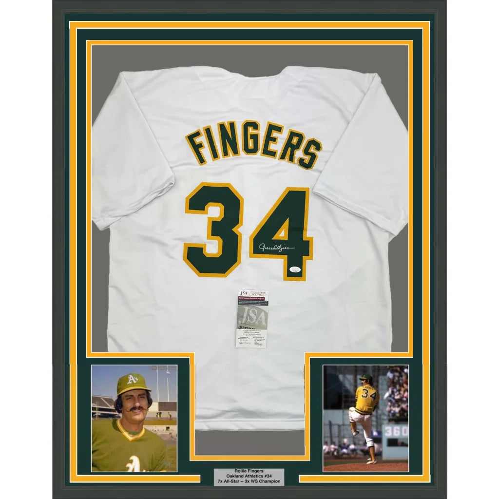 Framed Autographed Rollie Fingers 35x39 Oakland White Baseball Jersey JSA COA | Hall of Fame Sports Memorabilia | vintageantiquesgifts.com