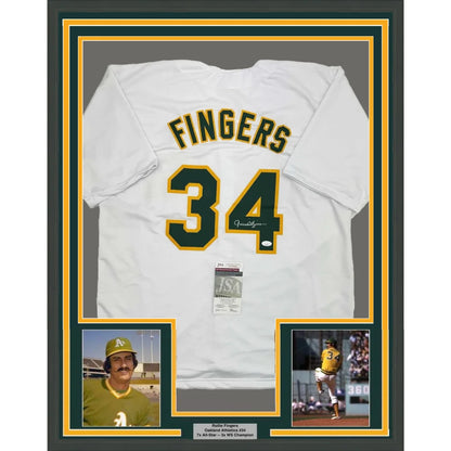 Framed Autographed Rollie Fingers 35x39 Oakland White Baseball Jersey JSA COA | Hall of Fame Sports Memorabilia | vintageantiquesgifts.com