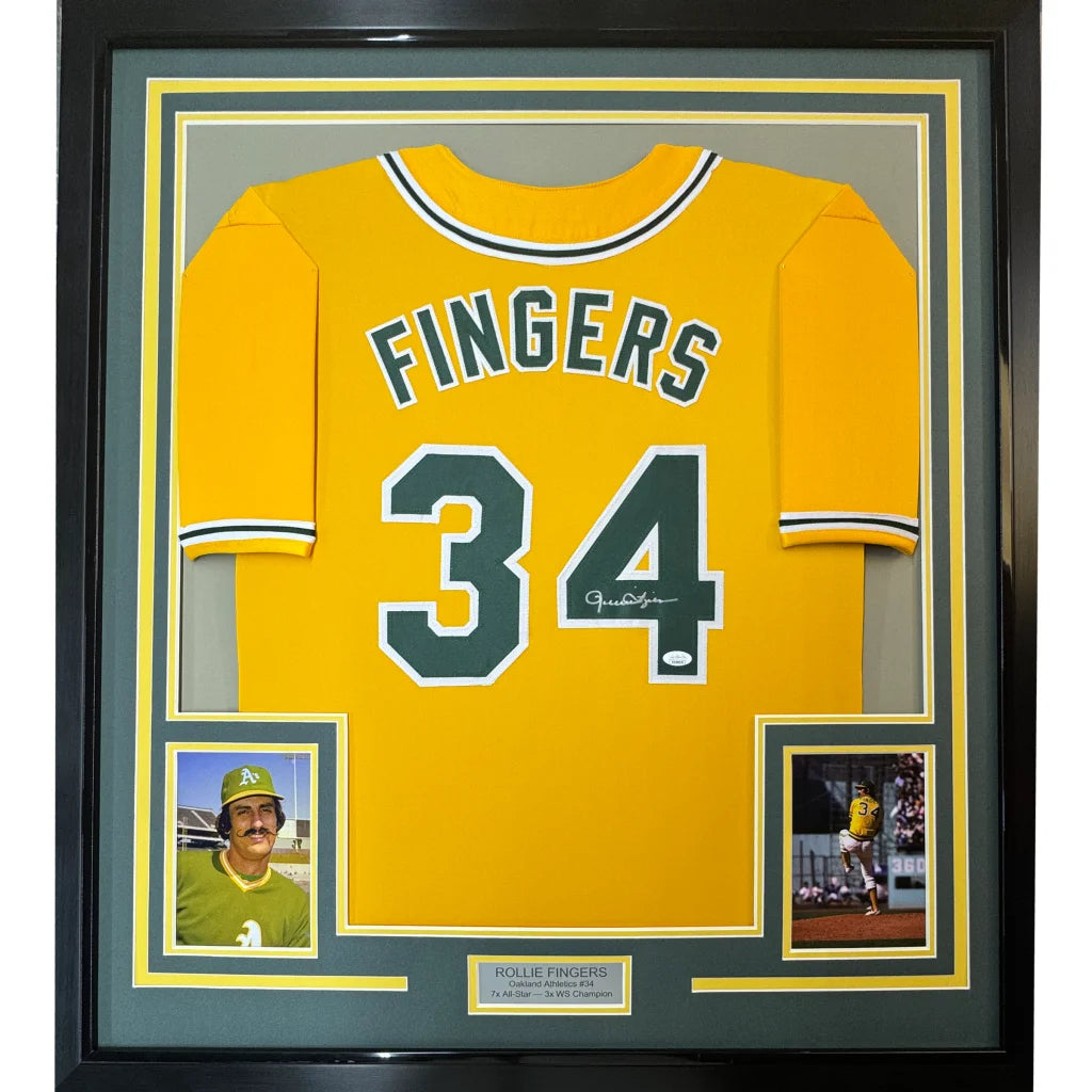 Framed Autographed Rollie Fingers 35x39 Oakland Yellow Baseball Jersey JSA COA | Hall of Fame Sports Memorabilia | vintageantiquesgifts.com