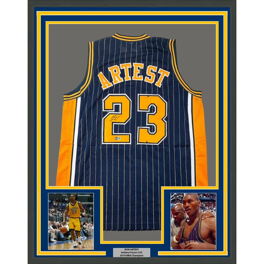 Framed Ron Artest signed Indiana Pacers jersey with photos and plaque for wall decor