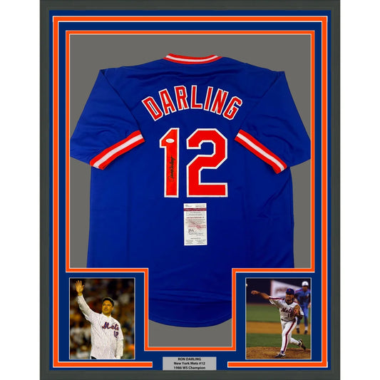 Framed York Blue Baseball Jersey with number 12 and Darling on back for man cave decor
