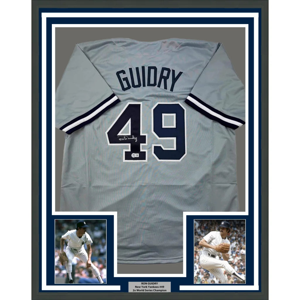 Professionally framed Don Guidry Yankees jersey with photos on York Grey baseball background