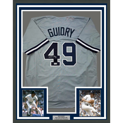Professionally framed Don Guidry Yankees jersey with photos on York Grey baseball background