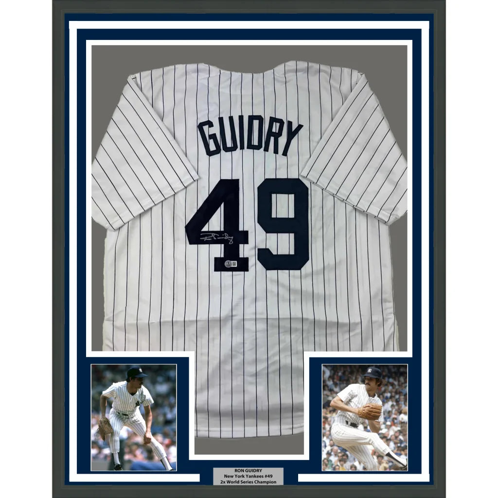 Framed Ron Guidry signed Yankees jersey with two action photos, perfect for fans