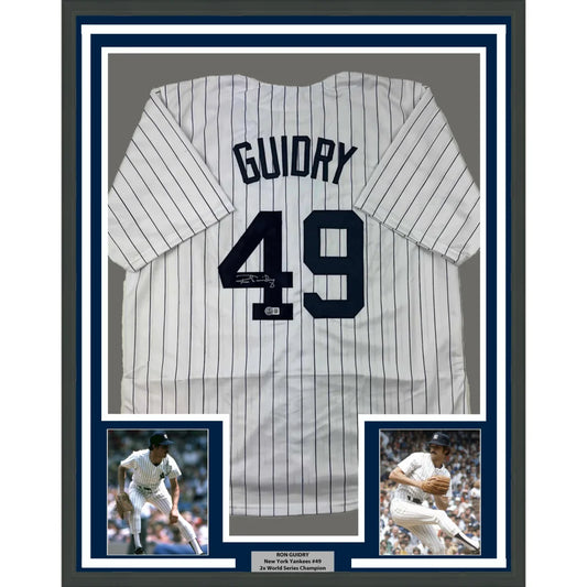 Framed Ron Guidry signed Yankees jersey with two action photos, perfect for fans
