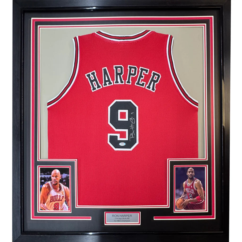 Framed Autographed Ron Harper 35x39 Chicago Red Basketball Jersey PSA/DNA COA | Hall of Fame Sports Memorabilia | vintageantiquesgifts.com