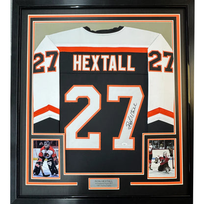 Framed Ron Hextall autographed hockey jersey with two player photos for display