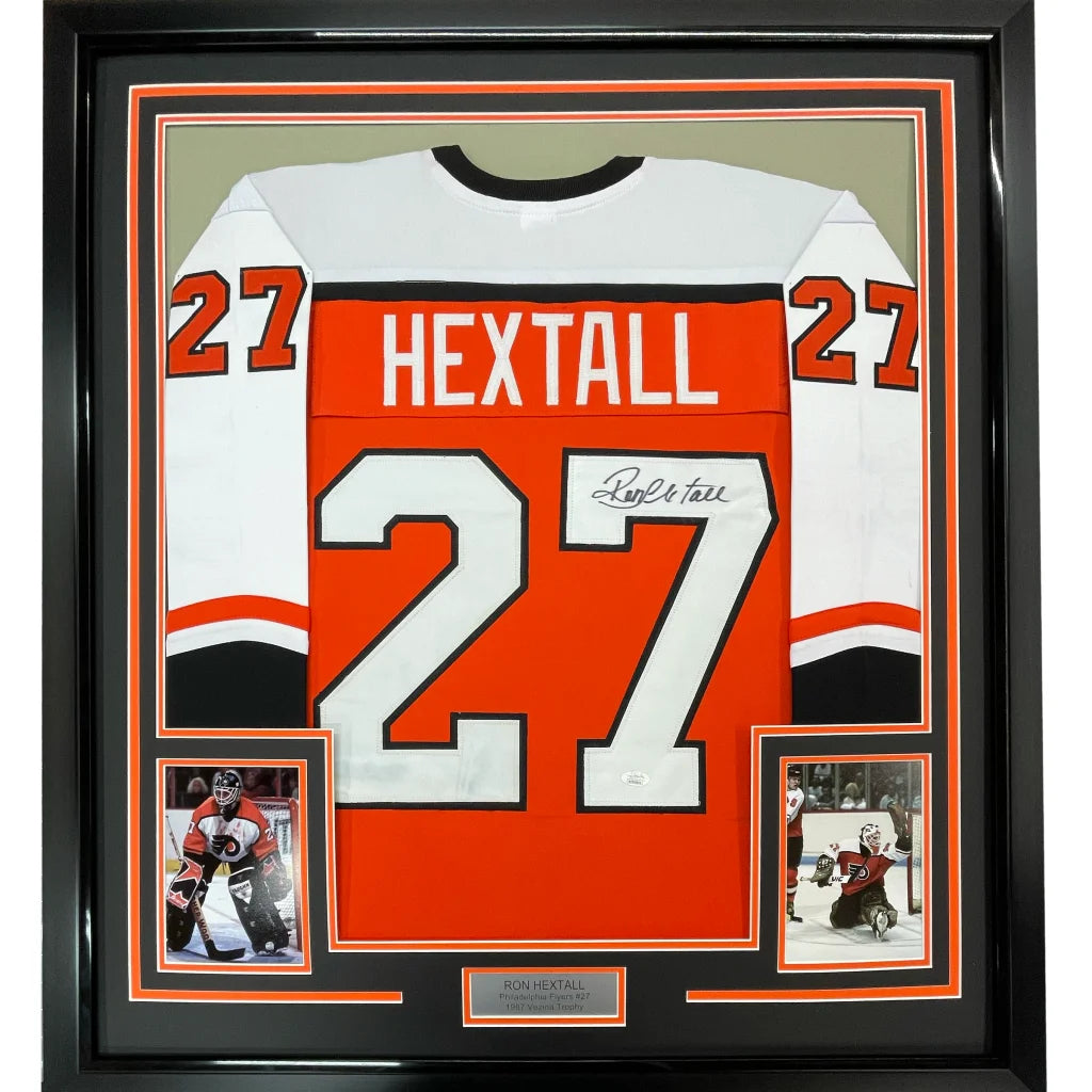 Professionally framed Ron Hextall Flyers hockey jersey with autograph and display