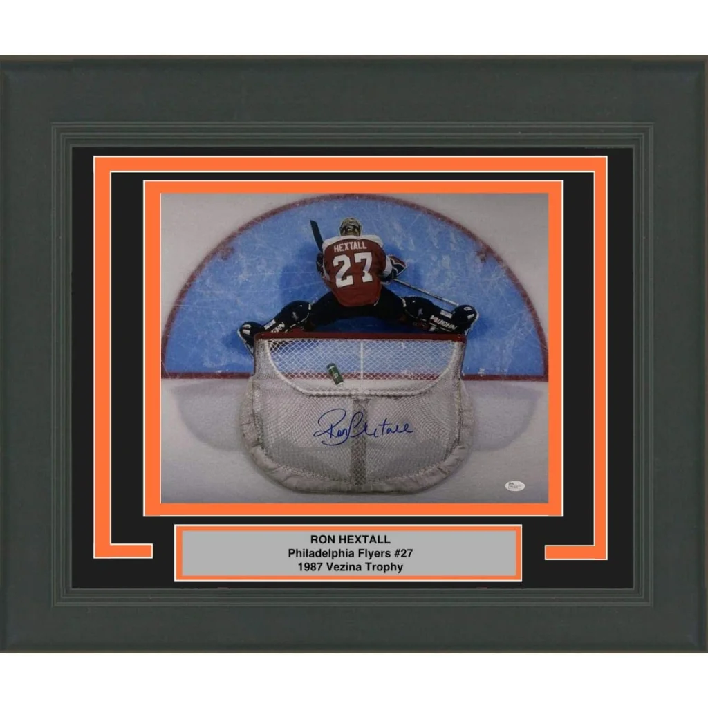 Framed signed Ron Hextall Flyers #27 photo with 1987 Vezina plaque