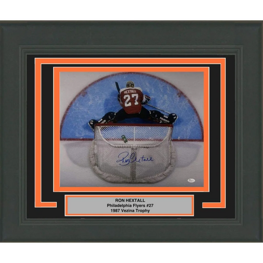 Framed signed Ron Hextall Flyers #27 photo with 1987 Vezina plaque