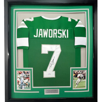 Signed Green JAWORSKI 7 football jersey with photos ready to hang on your wall